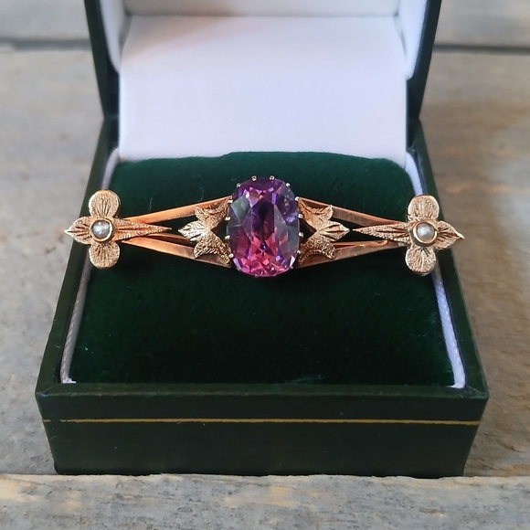 Jewelry - Antique Victorian 14K Yellow Gold Amethyst Bar Brooch Pin 5.7 Grams 1.8"